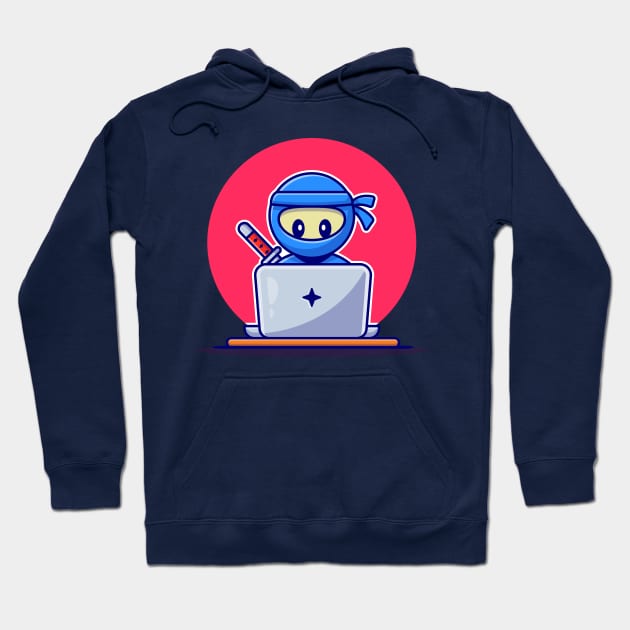 Cute Ninja Working On Laptop Cartoon Hoodie by Catalyst Labs